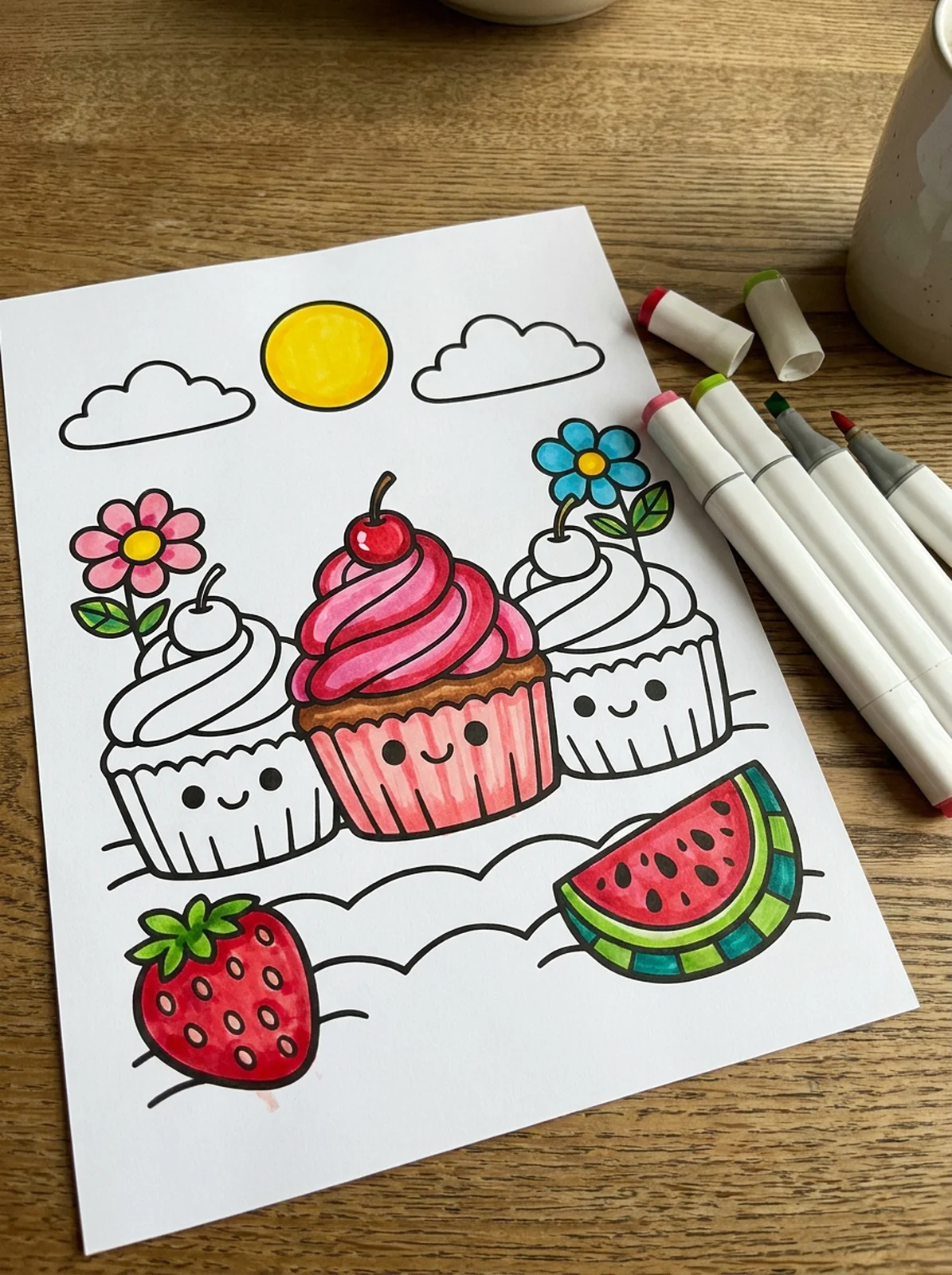 Three Cupcakes with Cherries coloring page printed and half colored with markers