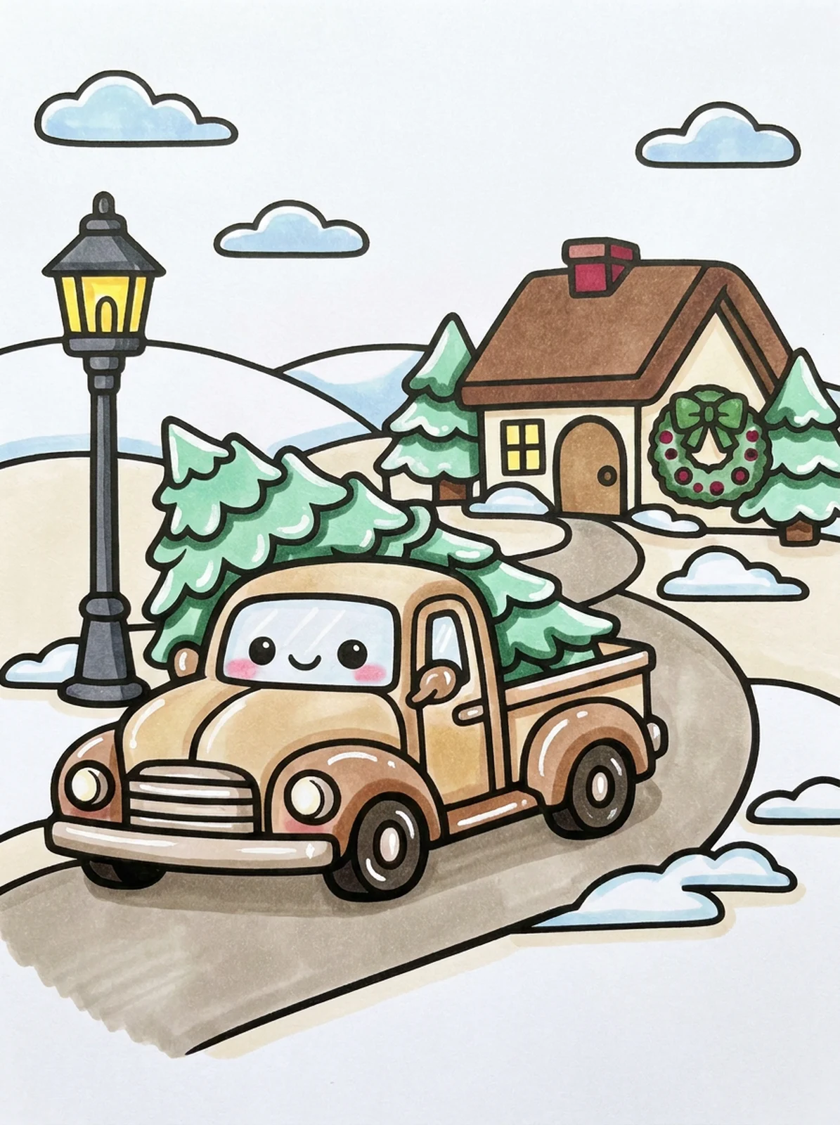 Little Truck Carrying a Christmas Tree coloring page, colored in