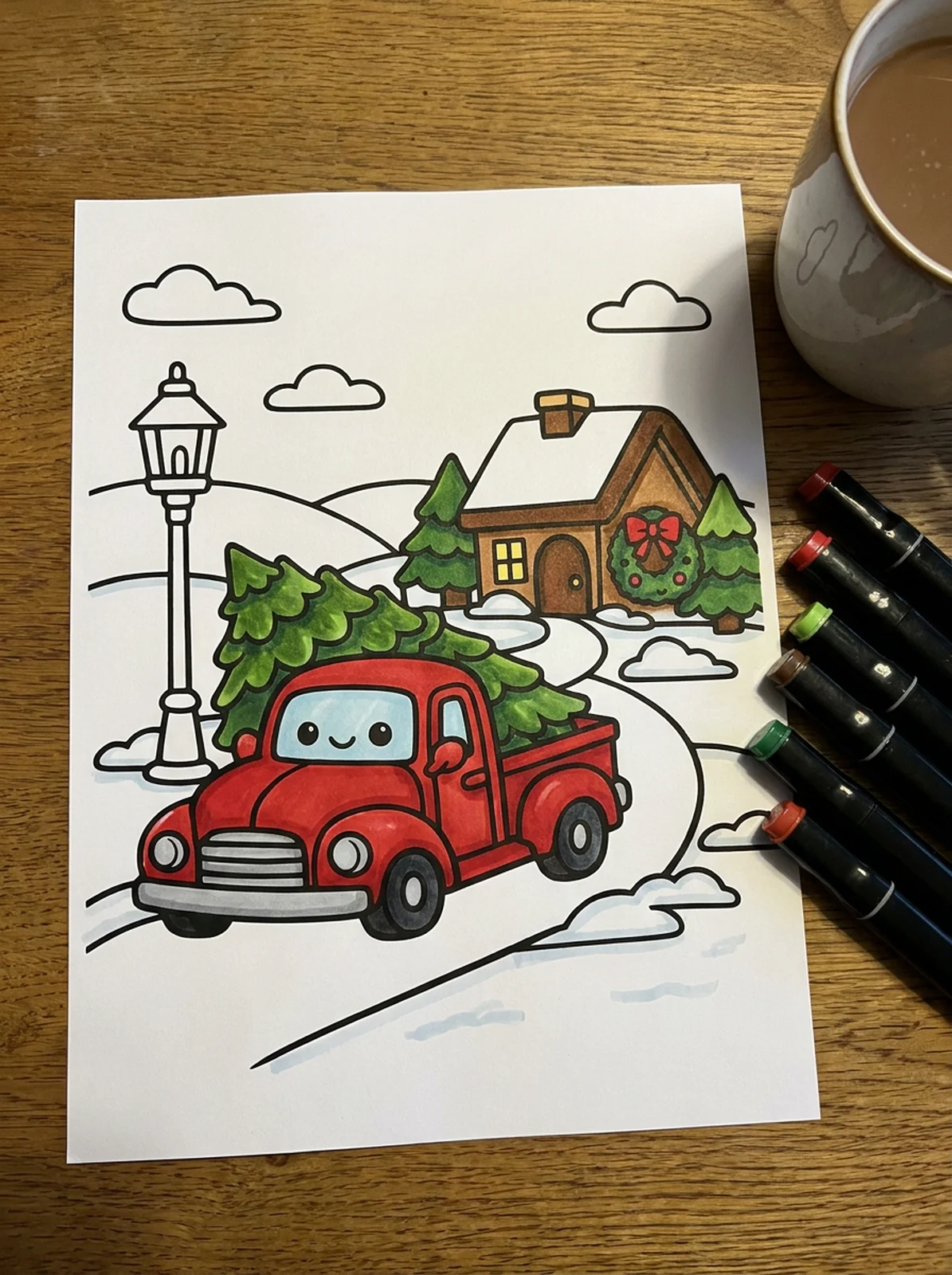 Little Truck Carrying a Christmas Tree coloring page printed and half colored with markers
