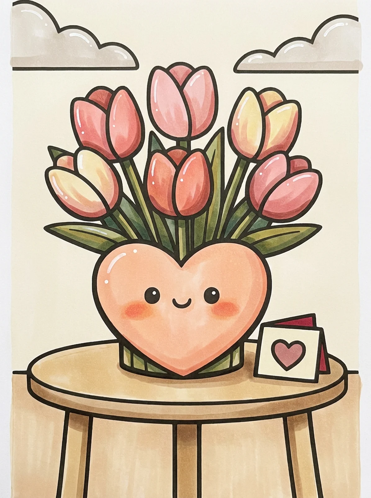 Tulips in a Heart-Shaped Vase coloring page, colored in