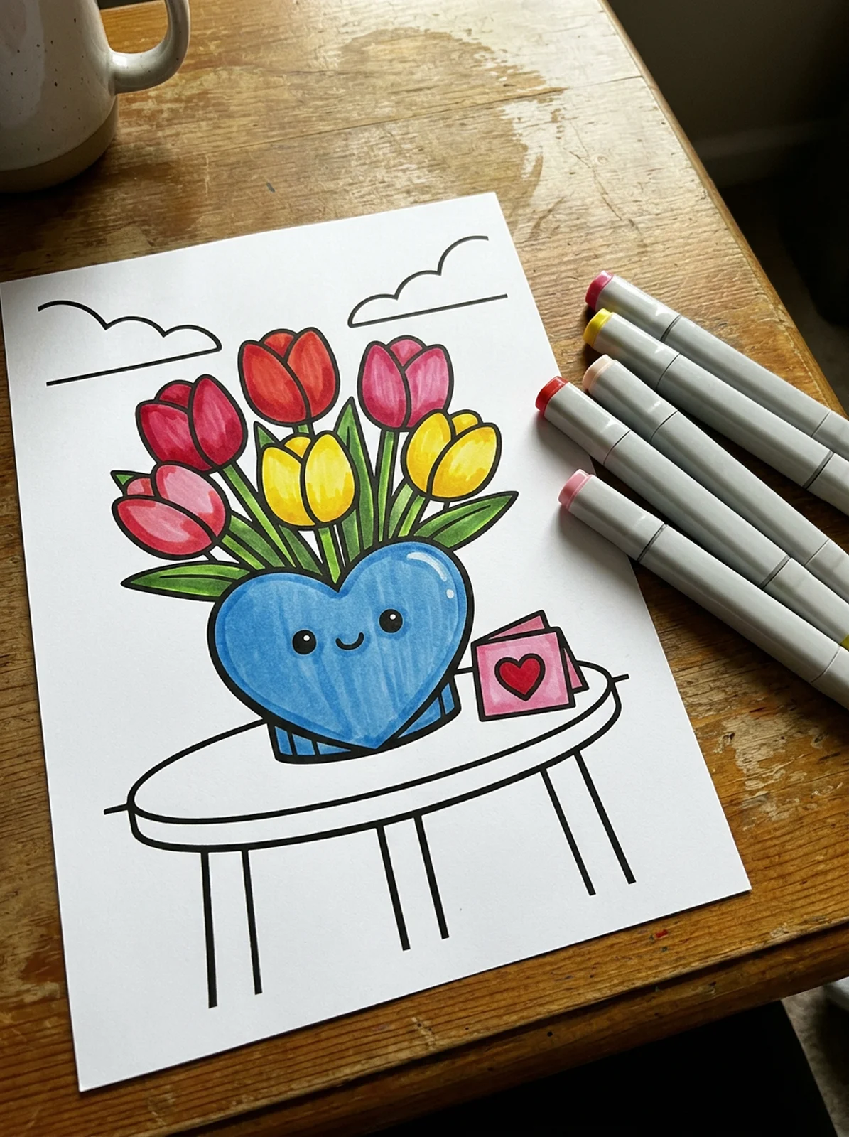 Tulips in a Heart-Shaped Vase coloring page printed and half colored with markers