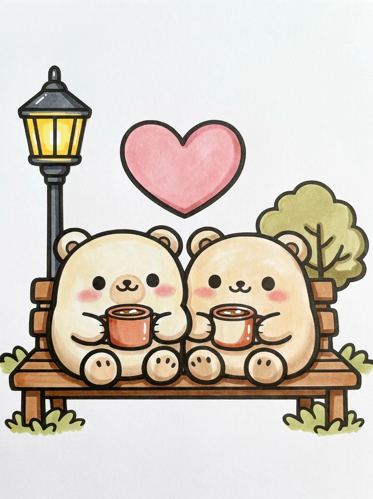 Two Bears Sharing Cocoa on a Bench coloring page, colored in