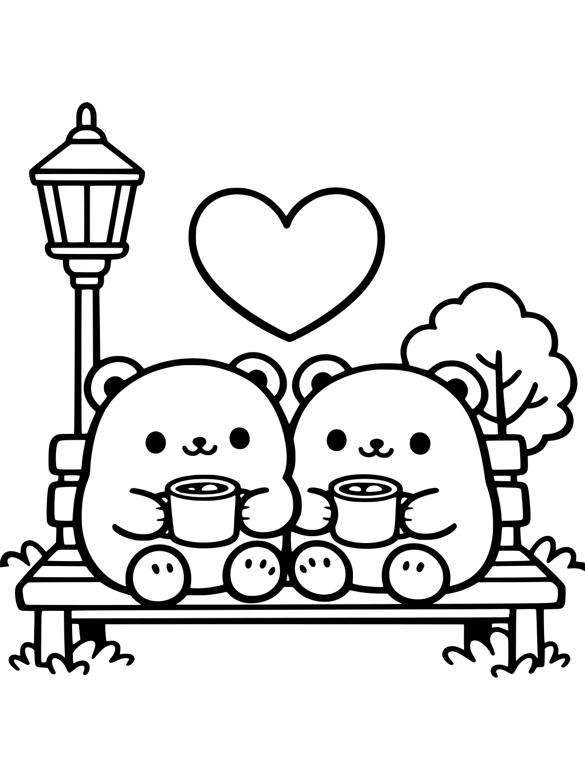 Two Bears Sharing Cocoa on a Bench coloring page: two round bears sit side by side on a park bench with mugs of cocoa, a heart above them, a lamp post and a little tree, bold and easy line art