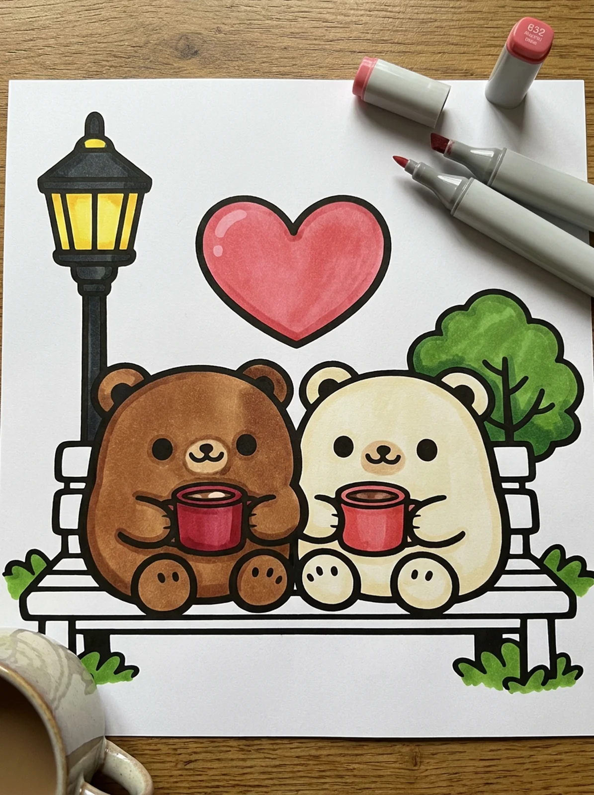 Two Bears Sharing Cocoa on a Bench coloring page printed and half colored with markers