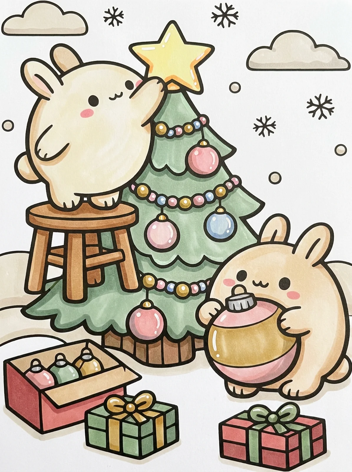 Two Bunnies Decorating the Christmas Tree coloring page, colored in