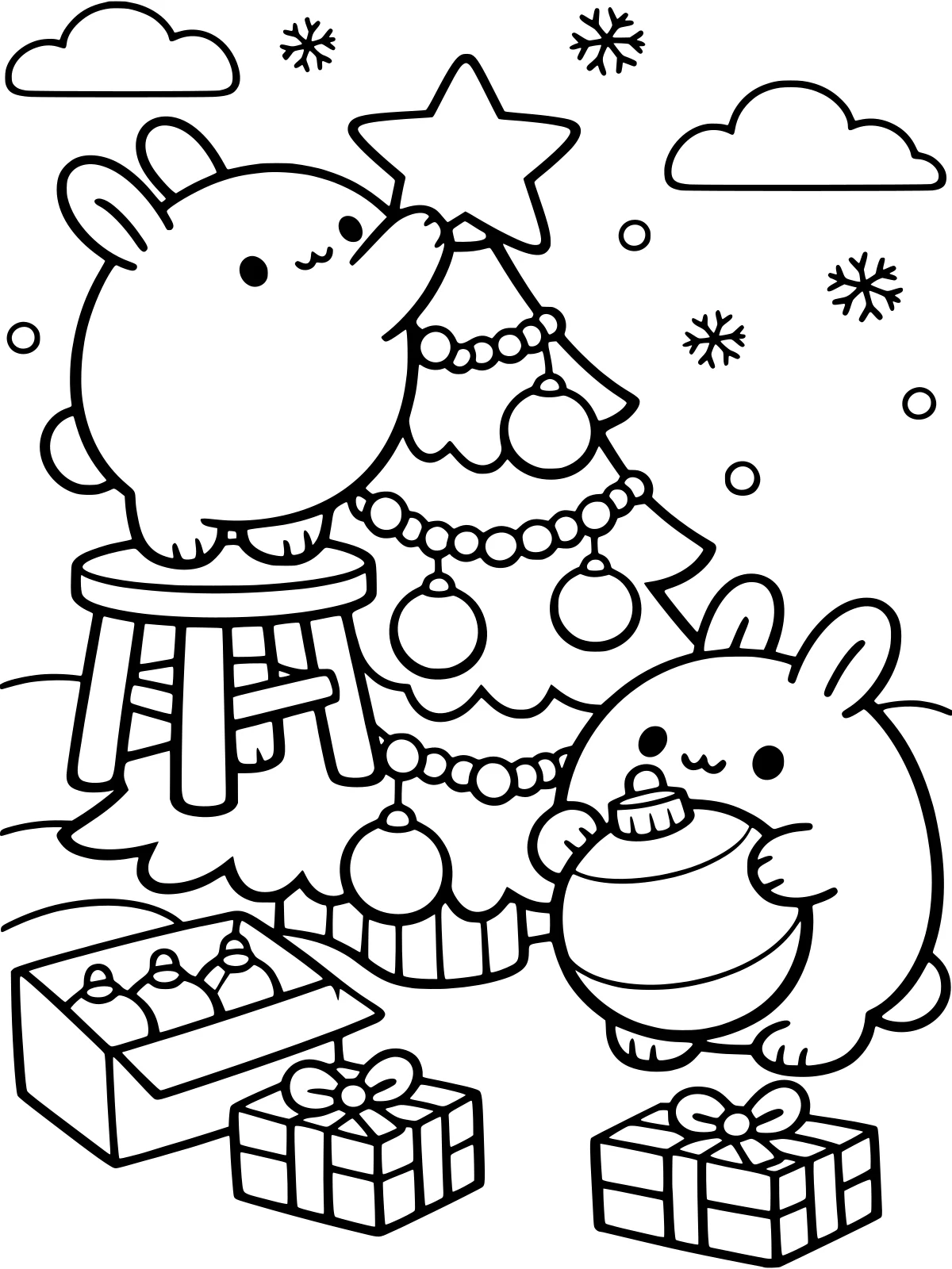 Two Bunnies Decorating the Christmas Tree coloring page: two round bunnies decorate the christmas tree together, one placing the star on top and one hanging a big ornament, with gifts below, bold and easy line art