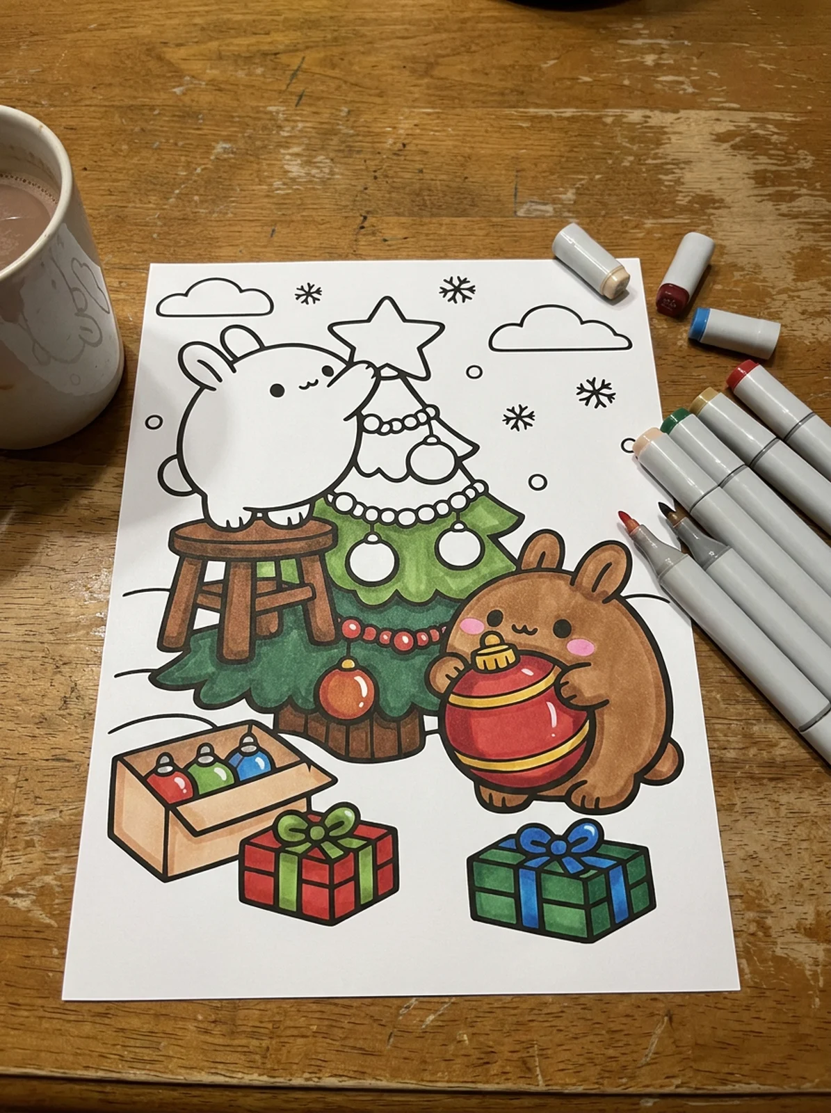 Two Bunnies Decorating the Christmas Tree coloring page printed and half colored with markers