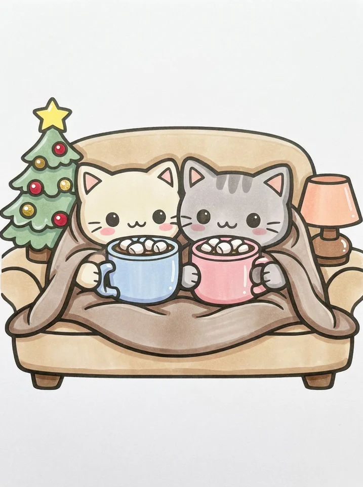 Two Cats Sharing Hot Cocoa coloring page, colored in