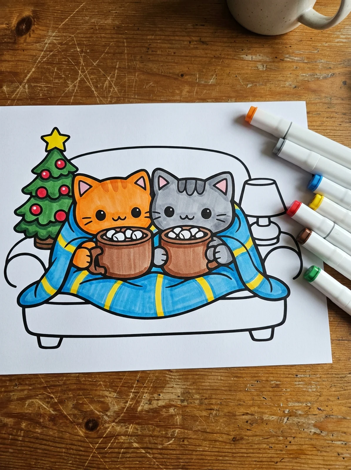 Two Cats Sharing Hot Cocoa coloring page printed and half colored with markers