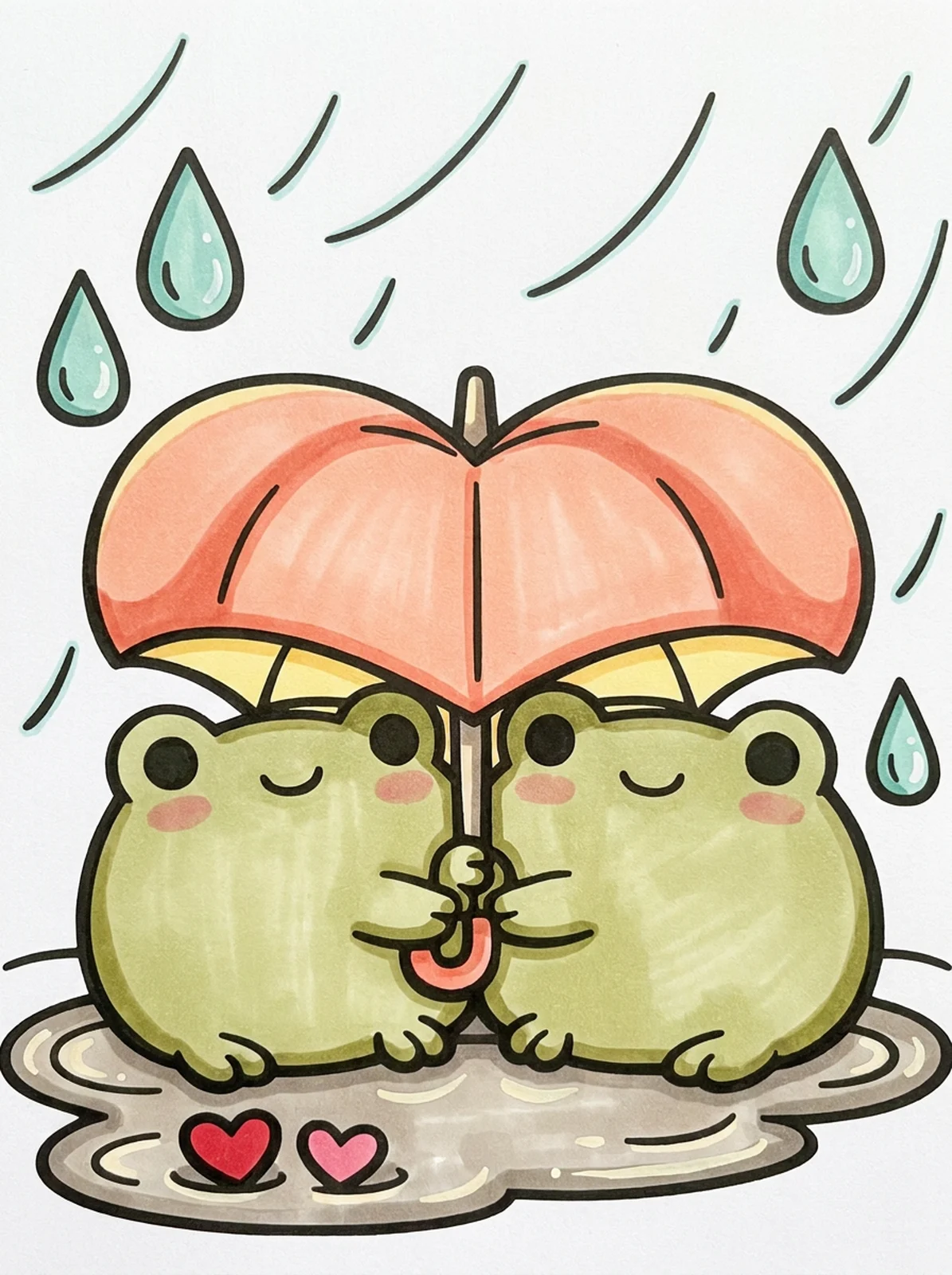 Two Frogs Under a Heart Umbrella coloring page, colored in