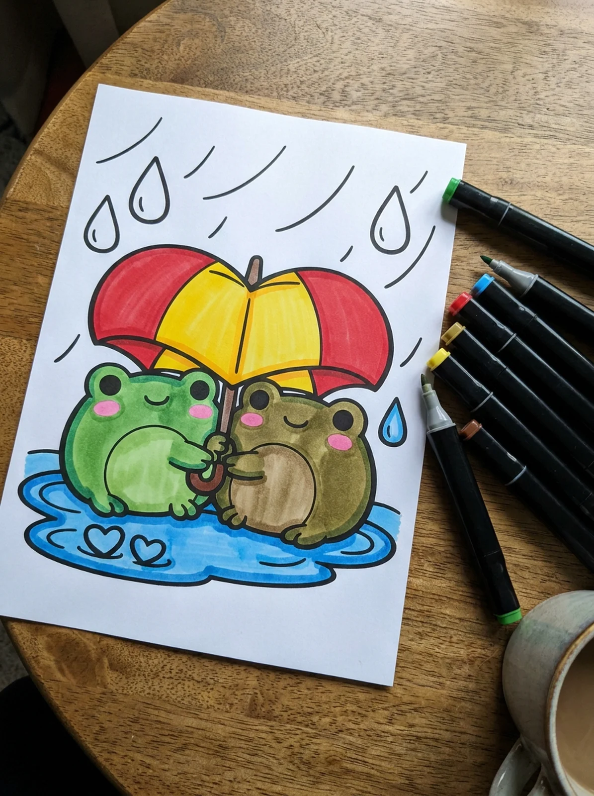 Two Frogs Under a Heart Umbrella coloring page printed and half colored with markers