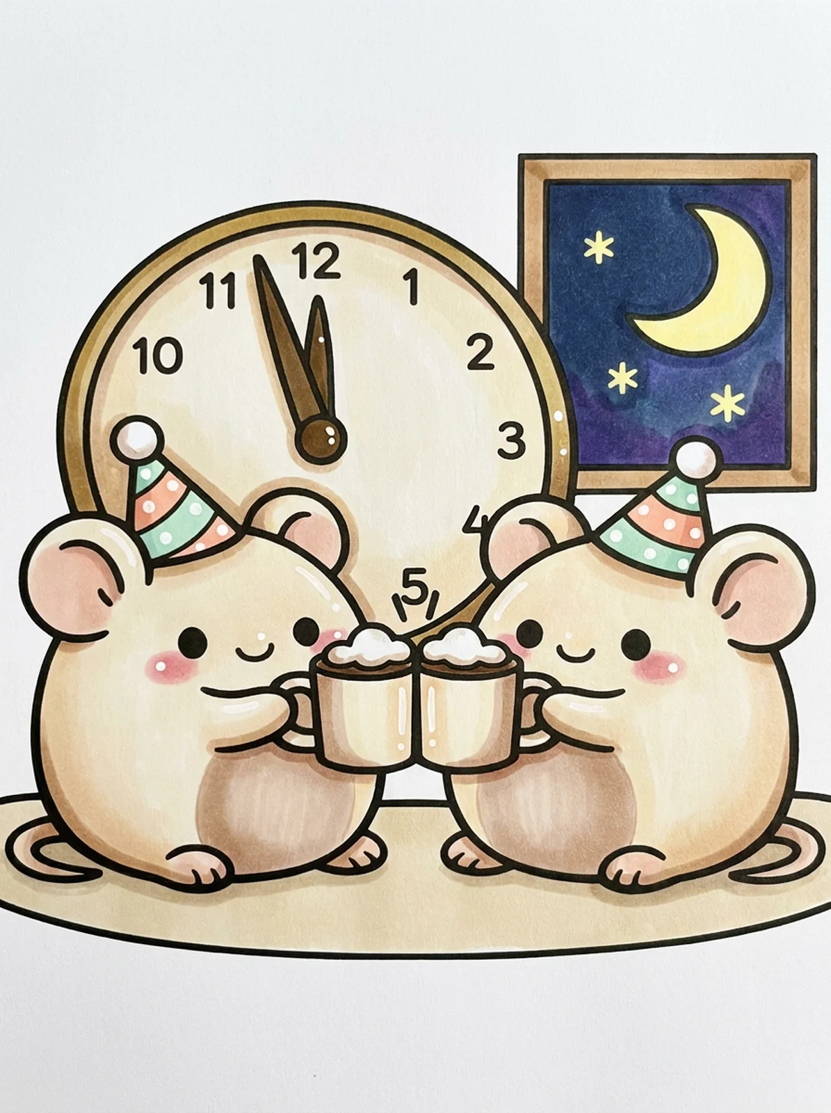 Two Mice Toasting Cocoa at Midnight coloring page, colored in