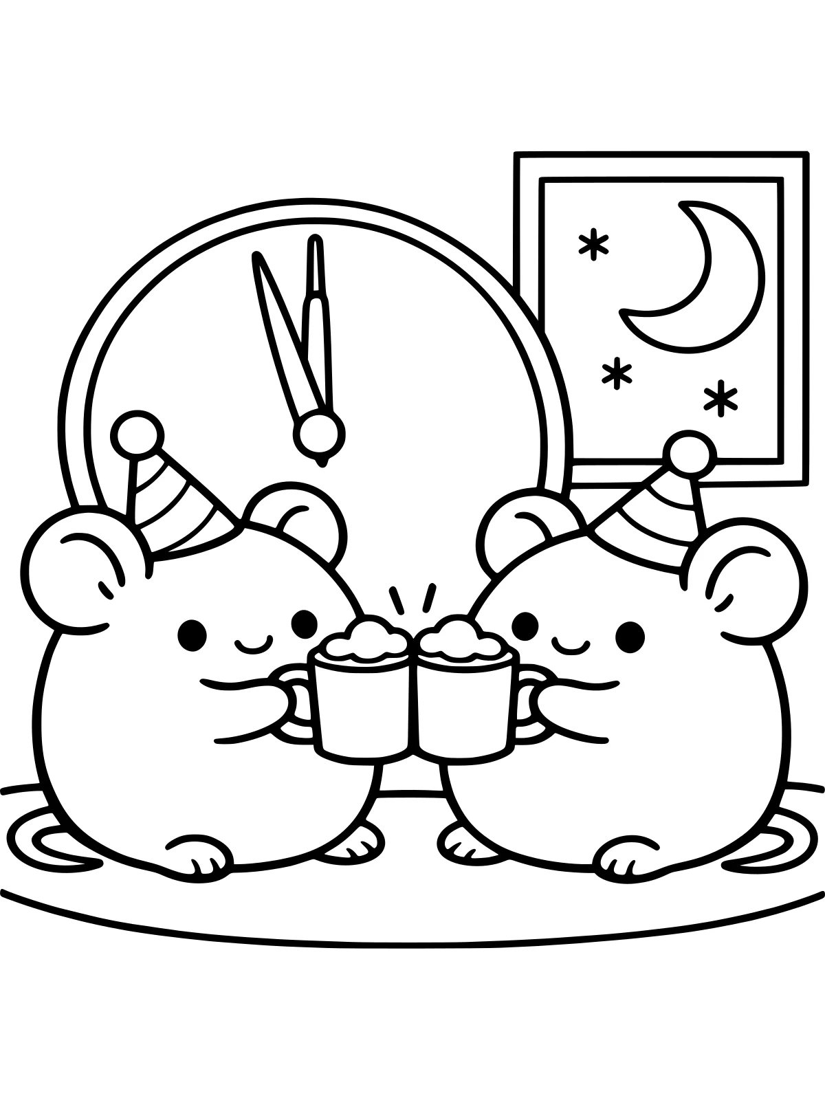 Two Mice Toasting Cocoa at Midnight coloring page: two round mice in party hats clink mugs of cocoa at midnight, under a big clock and a crescent moon in the window, bold and easy line art