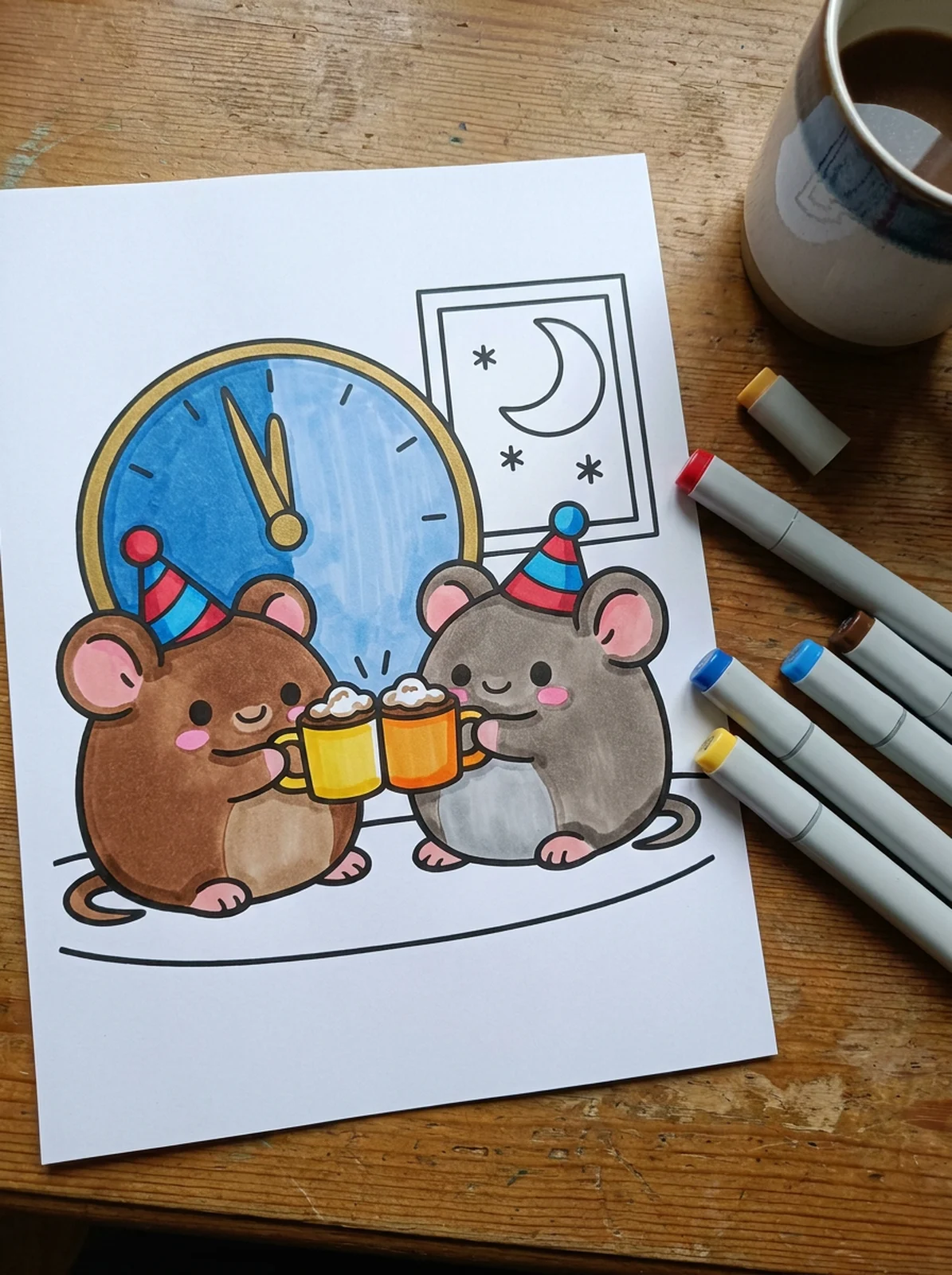 Two Mice Toasting Cocoa at Midnight coloring page printed and half colored with markers