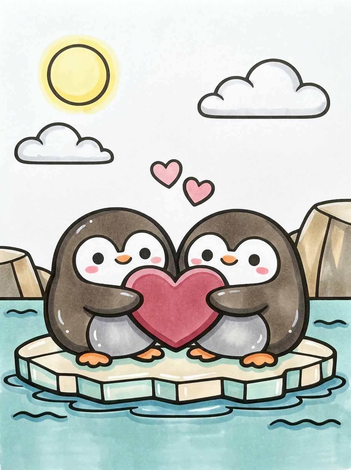 Two Penguins Holding a Big Heart coloring page, colored in