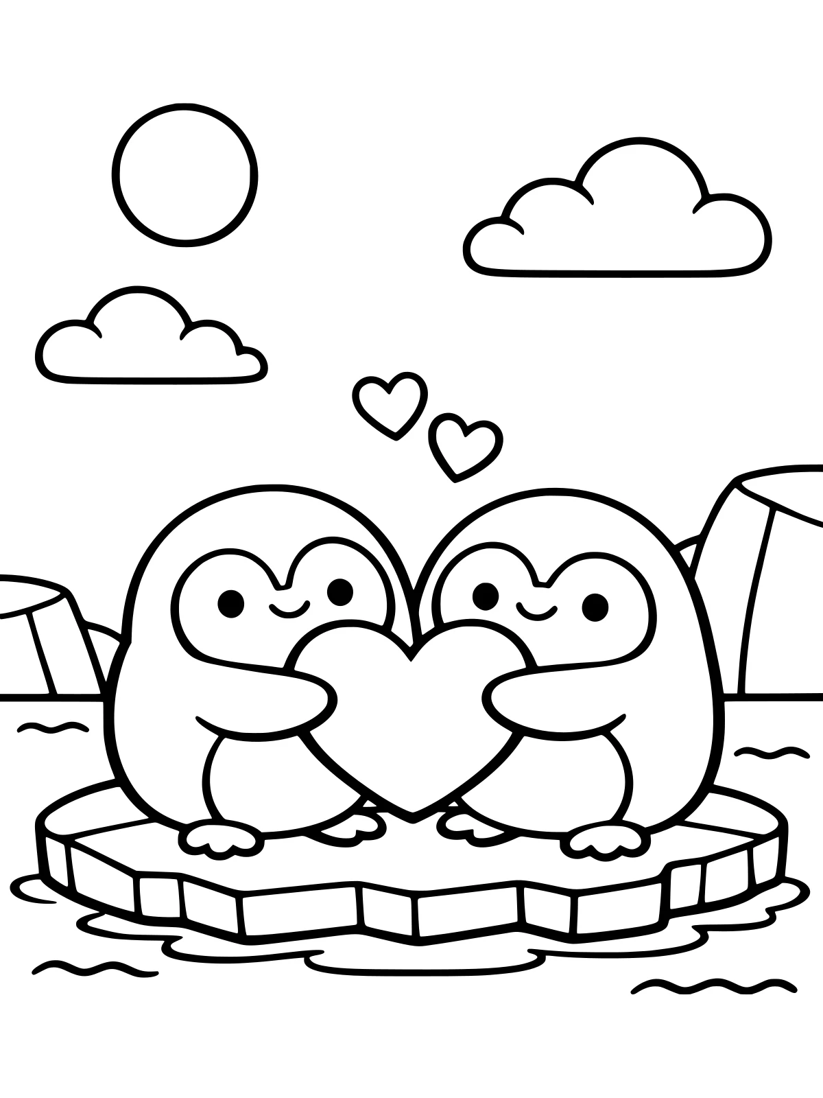 Two Penguins Holding a Big Heart coloring page: two round penguins stand on a little ice floe holding one big heart between their wings, with two small hearts floating above, bold and easy line art