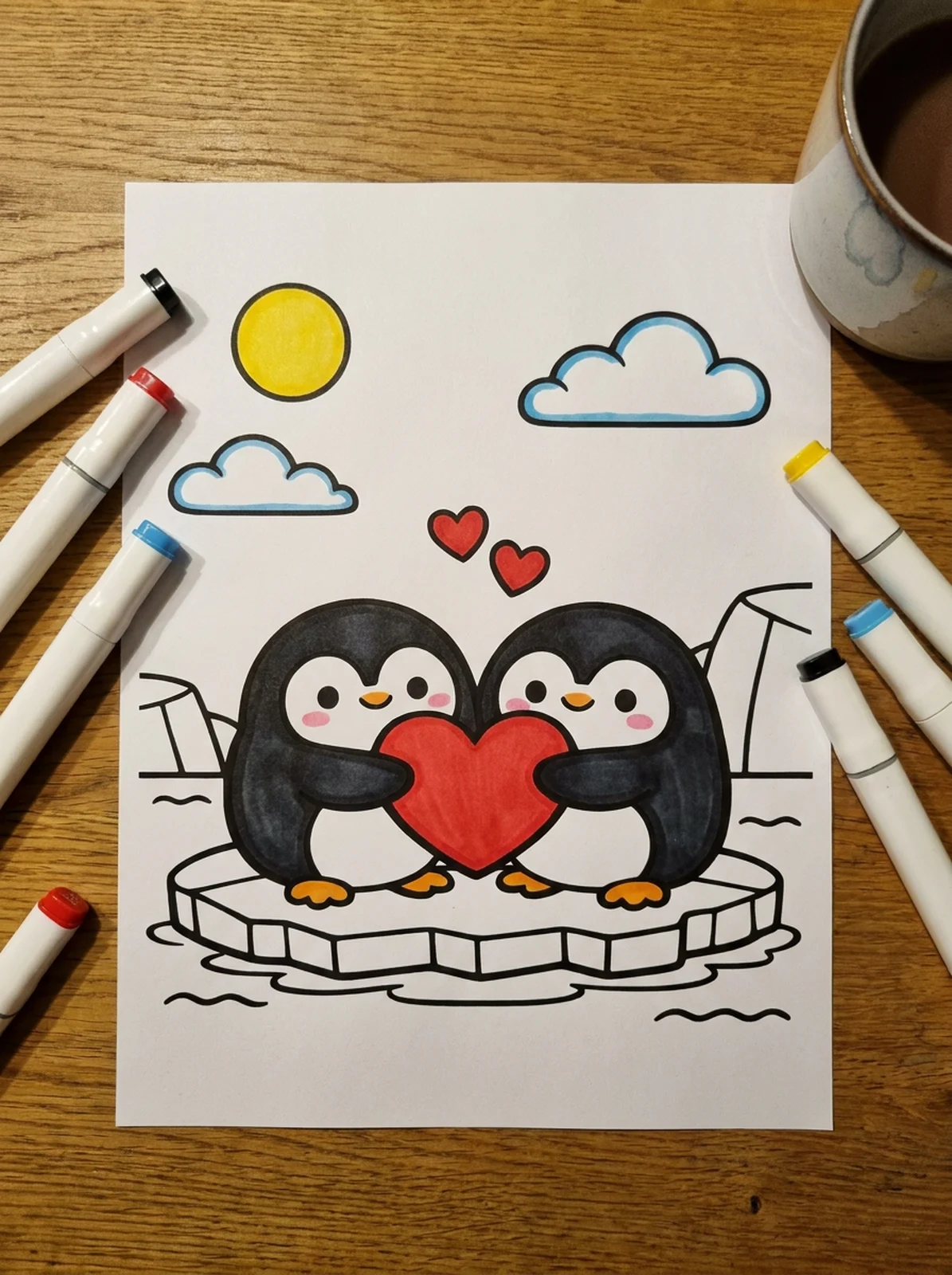 Two Penguins Holding a Big Heart coloring page printed and half colored with markers