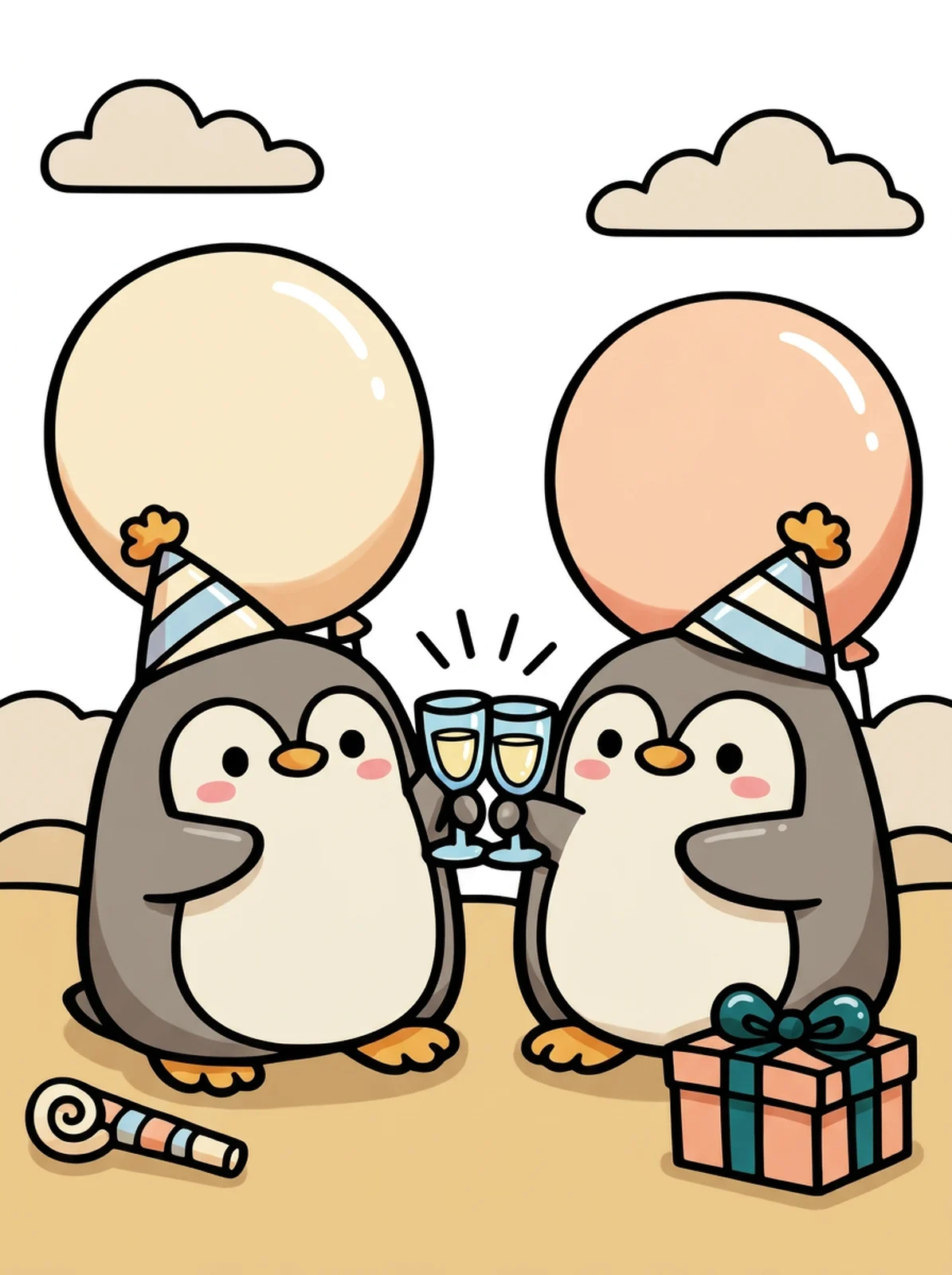 Two Penguins Toasting at New Year coloring page, colored in