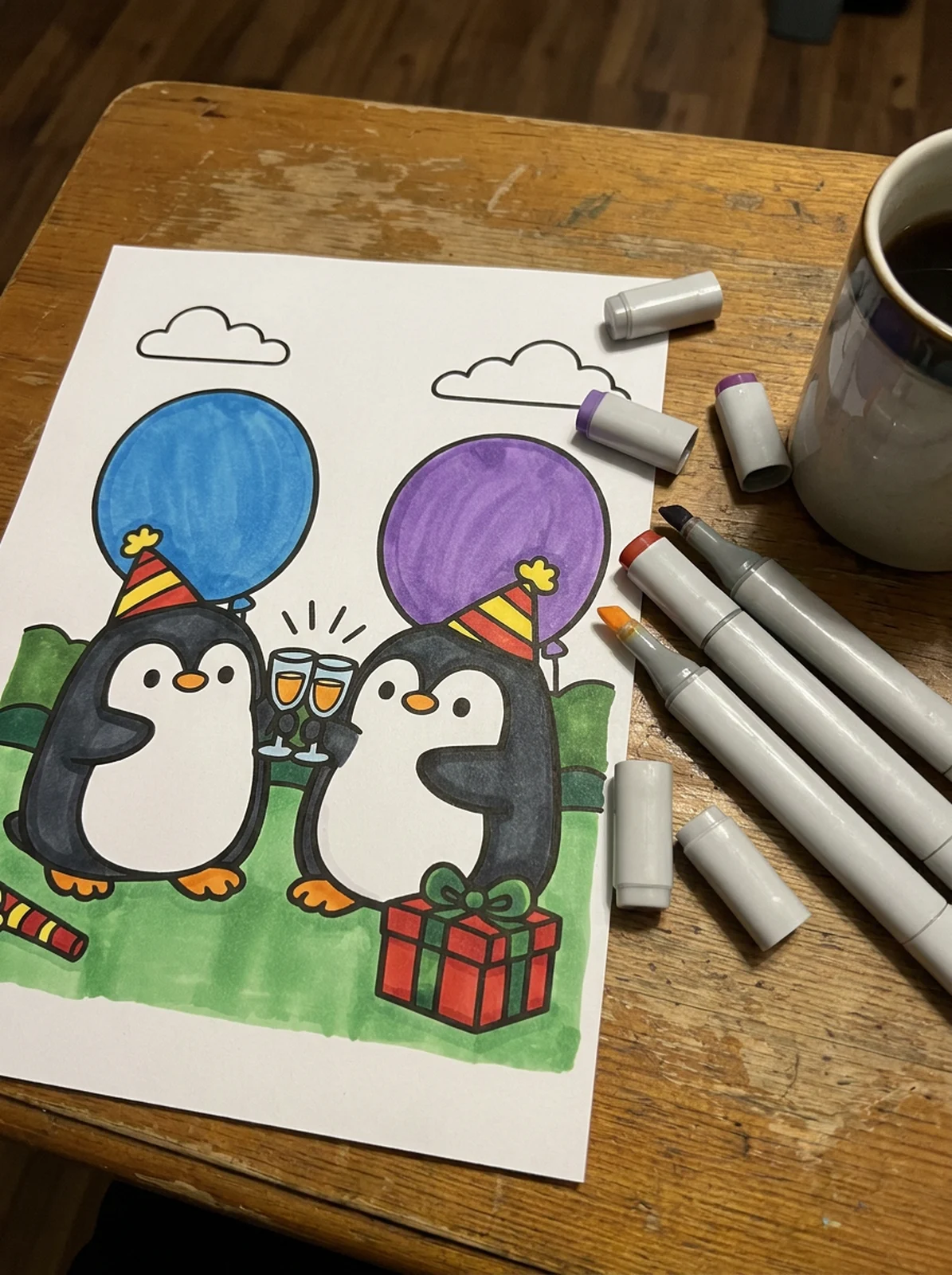 Two Penguins Toasting at New Year coloring page printed and half colored with markers