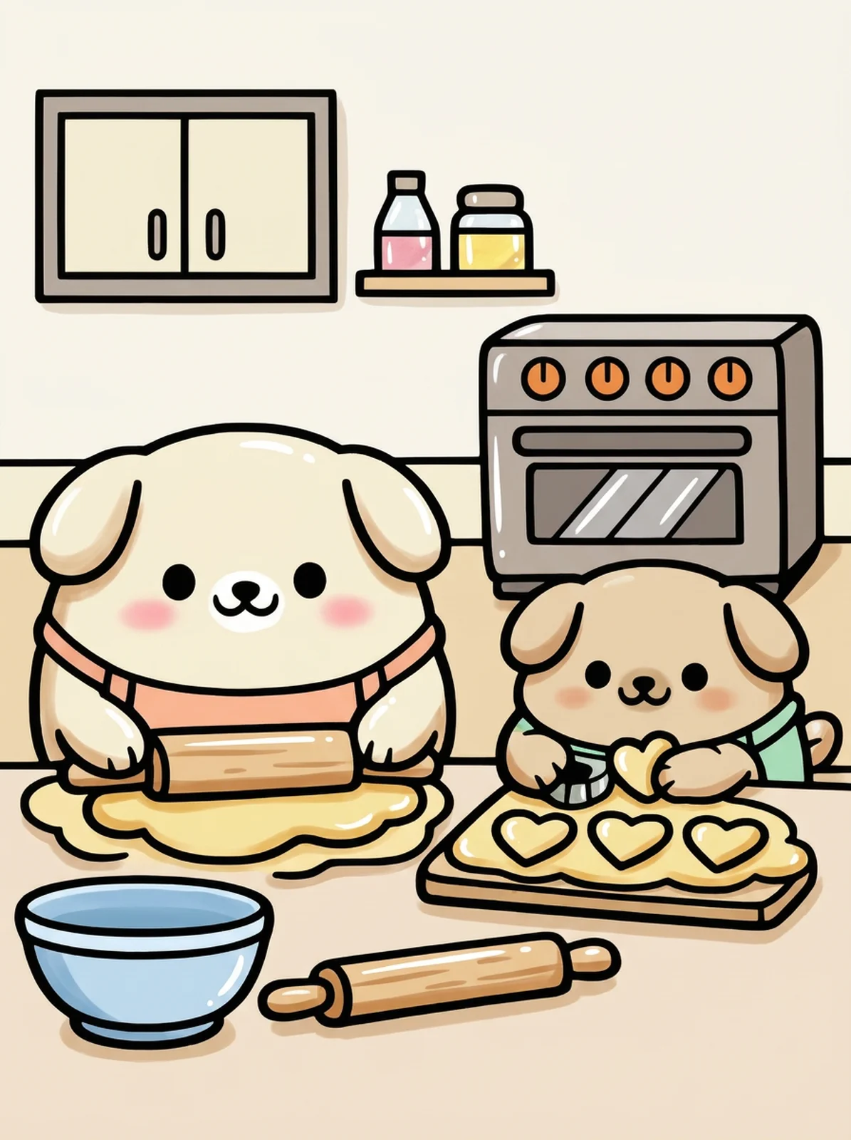 Two Puppies Baking Valentine Cookies coloring page, colored in