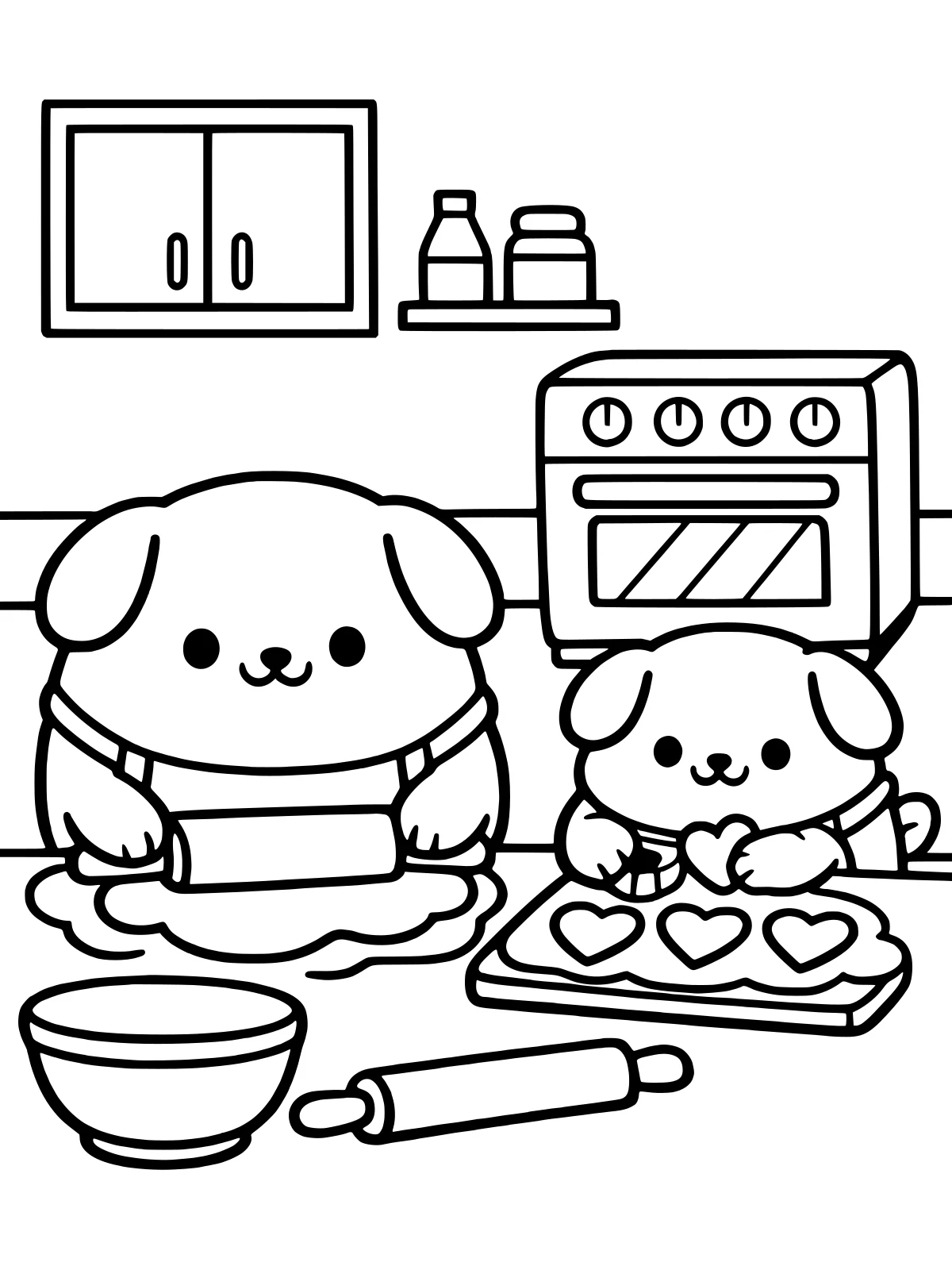 Two Puppies Baking Valentine Cookies coloring page: two round puppies in aprons roll dough and cut heart cookies in a cozy kitchen, with a mixing bowl, a baking tray and an oven, bold and easy line art