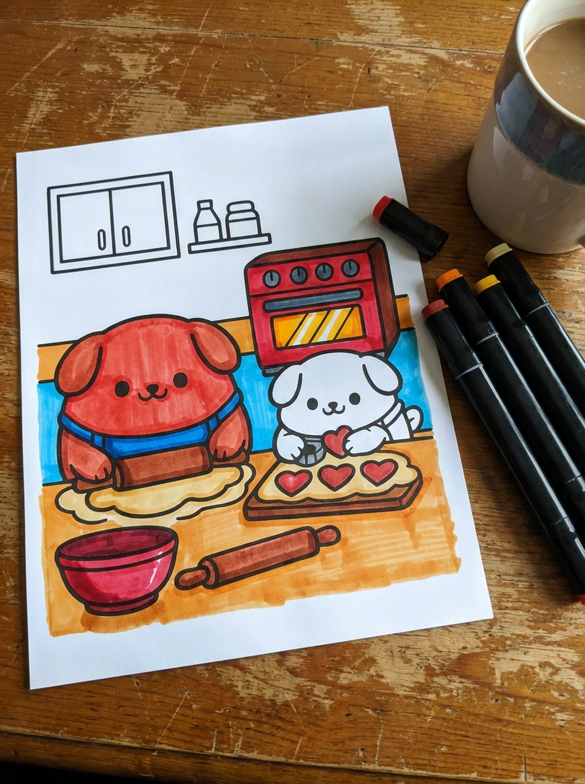 Two Puppies Baking Valentine Cookies coloring page printed and half colored with markers