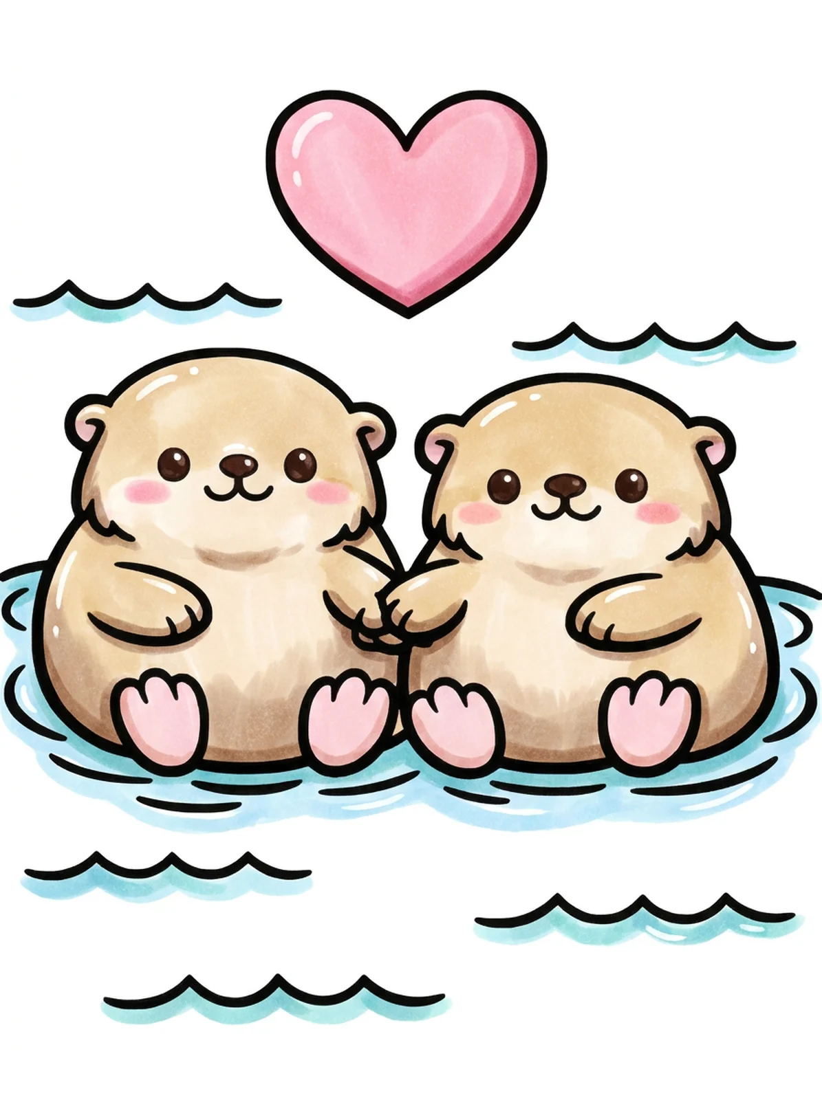 Two Sea Otters Holding Hands coloring page, colored in