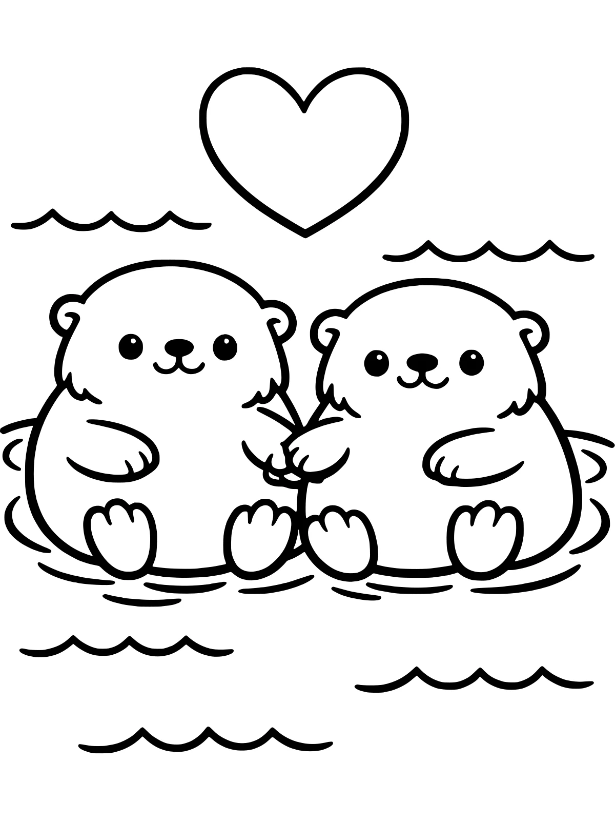 Two Sea Otters Holding Hands coloring page: two round sea otters hold hands side by side in the water, among gentle waves, with a big heart floating above them, bold and easy line art