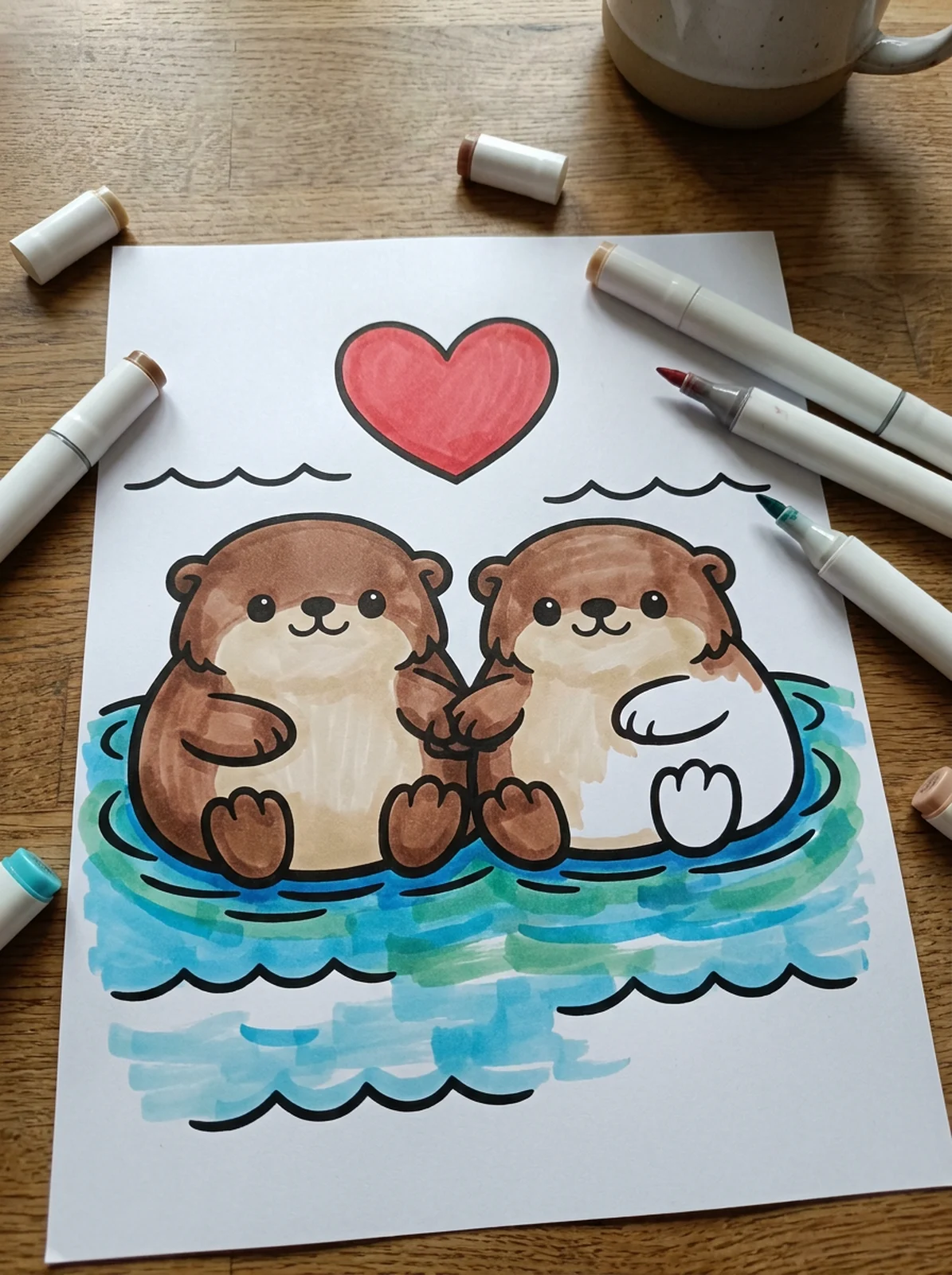 Two Sea Otters Holding Hands coloring page printed and half colored with markers