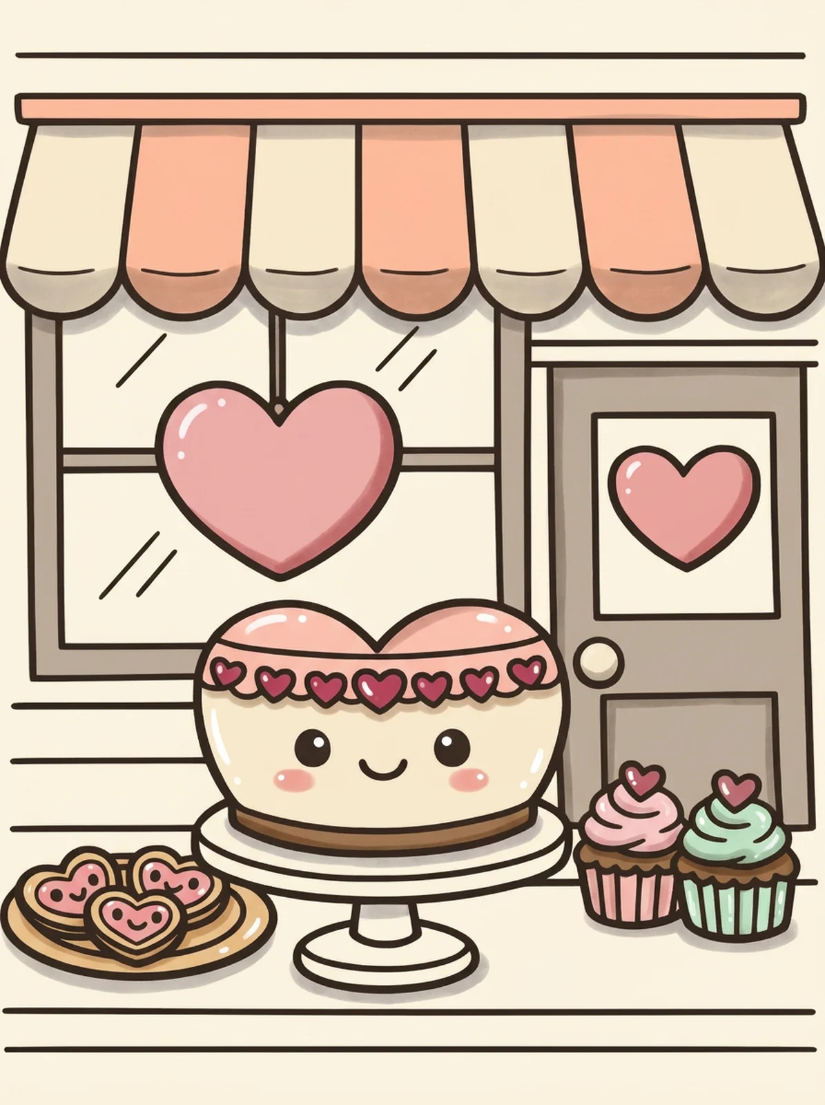 Valentine Bakery Window Display coloring page, colored in