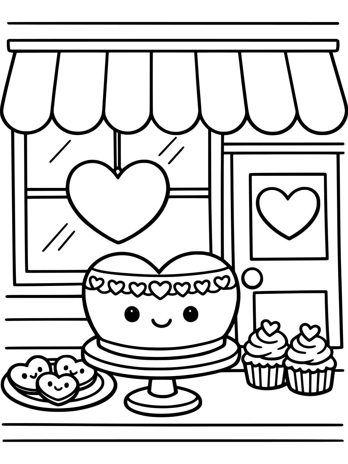 Valentine Bakery Window Display coloring page: a little bakery window shows off a heart cake on a stand, heart cookies and cupcakes, under a scalloped awning with a heart on the door, bold and easy line art