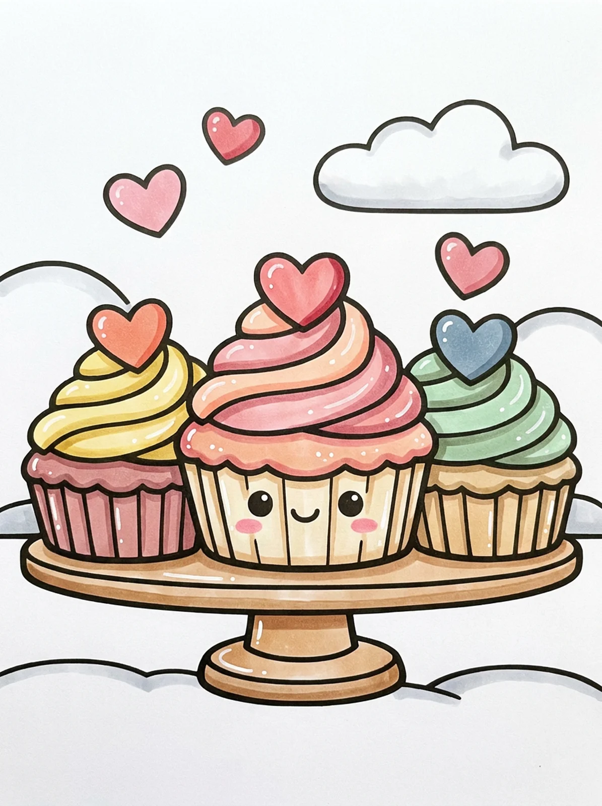 Valentine Cupcakes with Heart Toppers coloring page, colored in