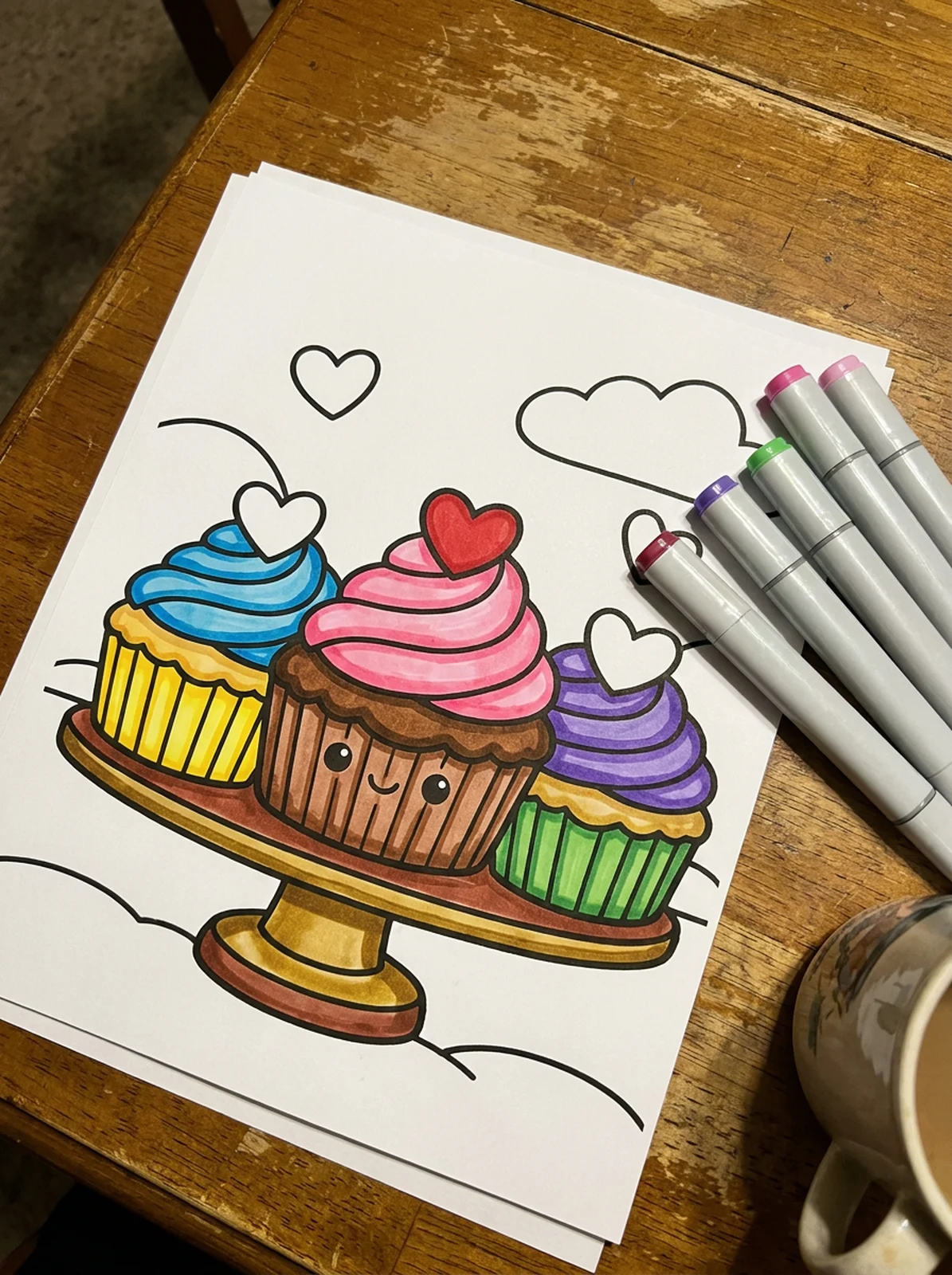 Valentine Cupcakes with Heart Toppers coloring page printed and half colored with markers
