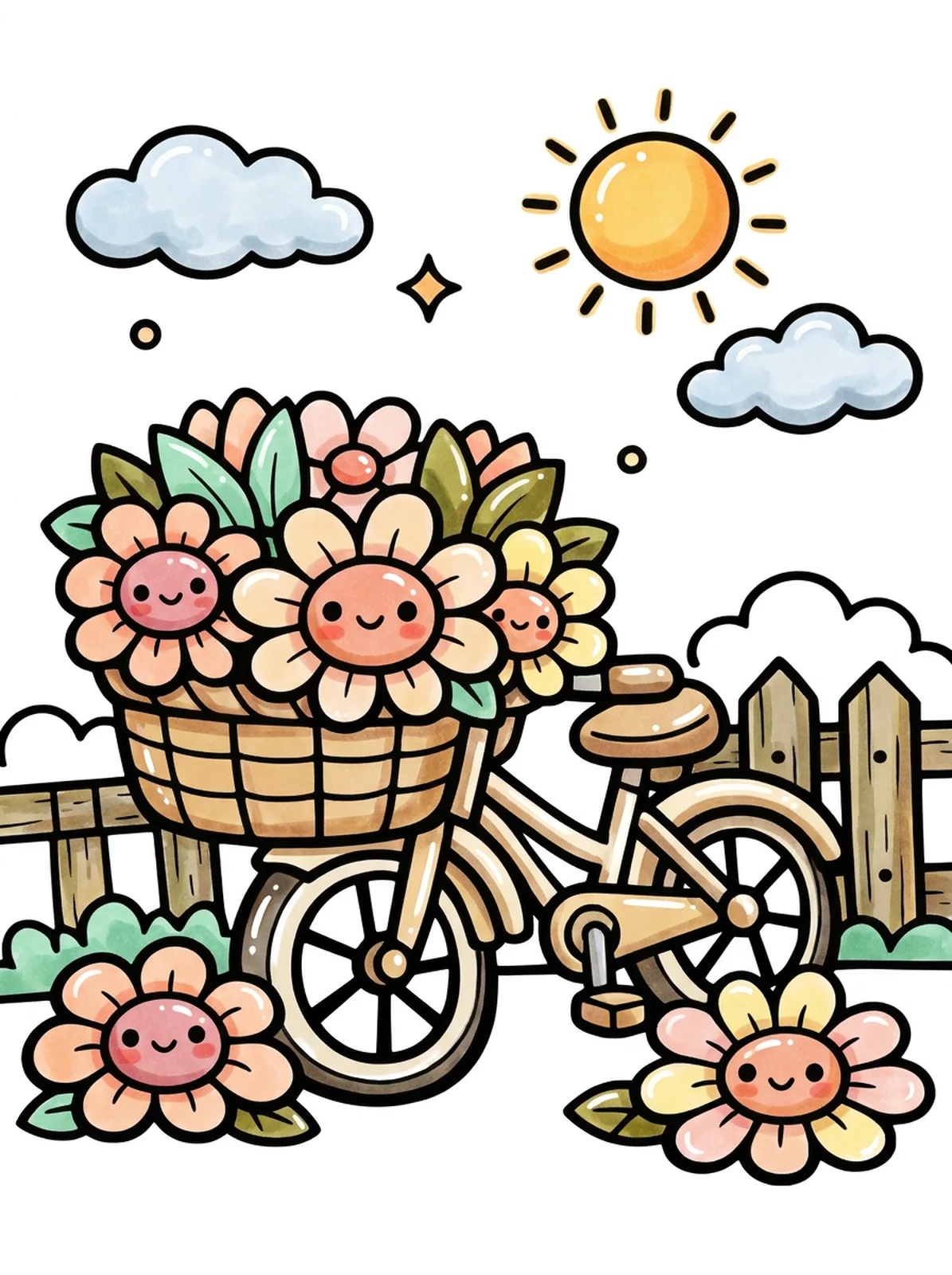 Vintage Bicycle with a Flower Basket coloring page, colored in