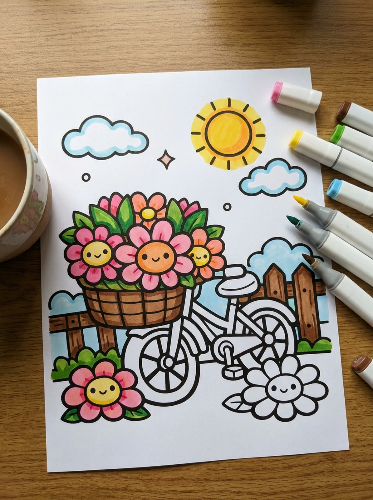 Vintage Bicycle with a Flower Basket coloring page printed and half colored with markers