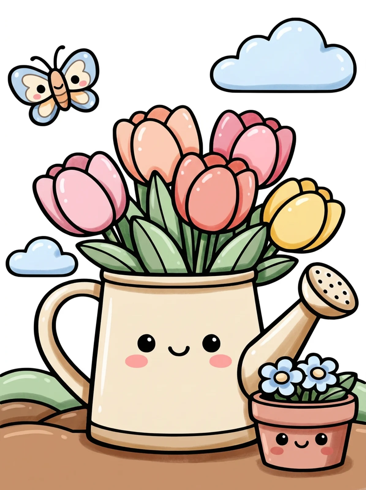 Watering Can with Tulips coloring page, colored in