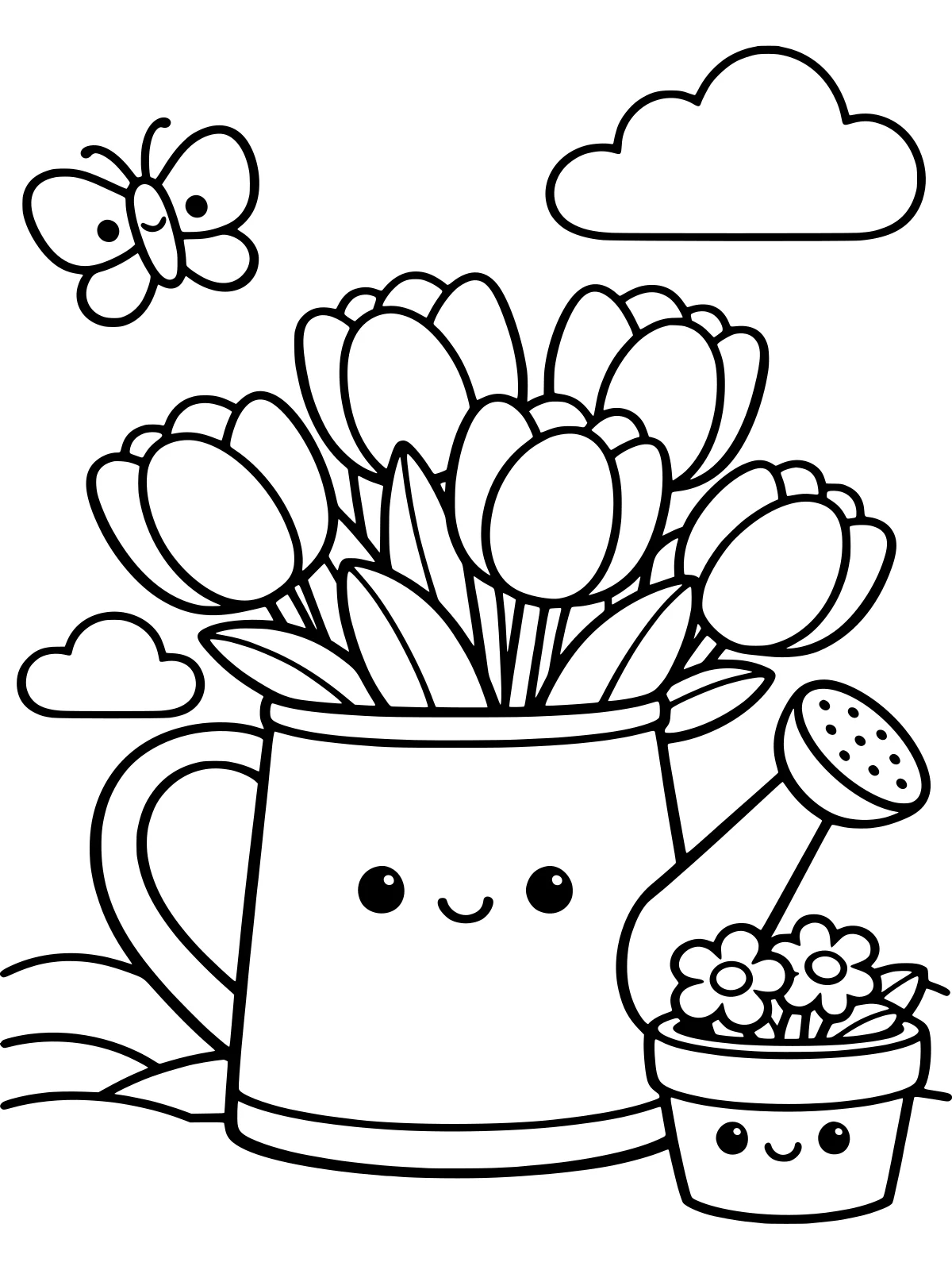 Watering Can with Tulips coloring page: a vintage watering can overflowing with big tulips, a small flower pot beside it and a butterfly passing by, bold and easy line art