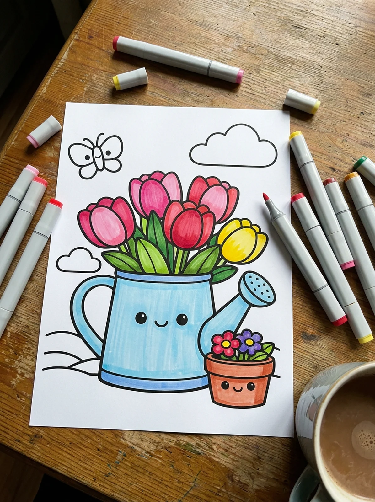 Watering Can with Tulips coloring page printed and half colored with markers