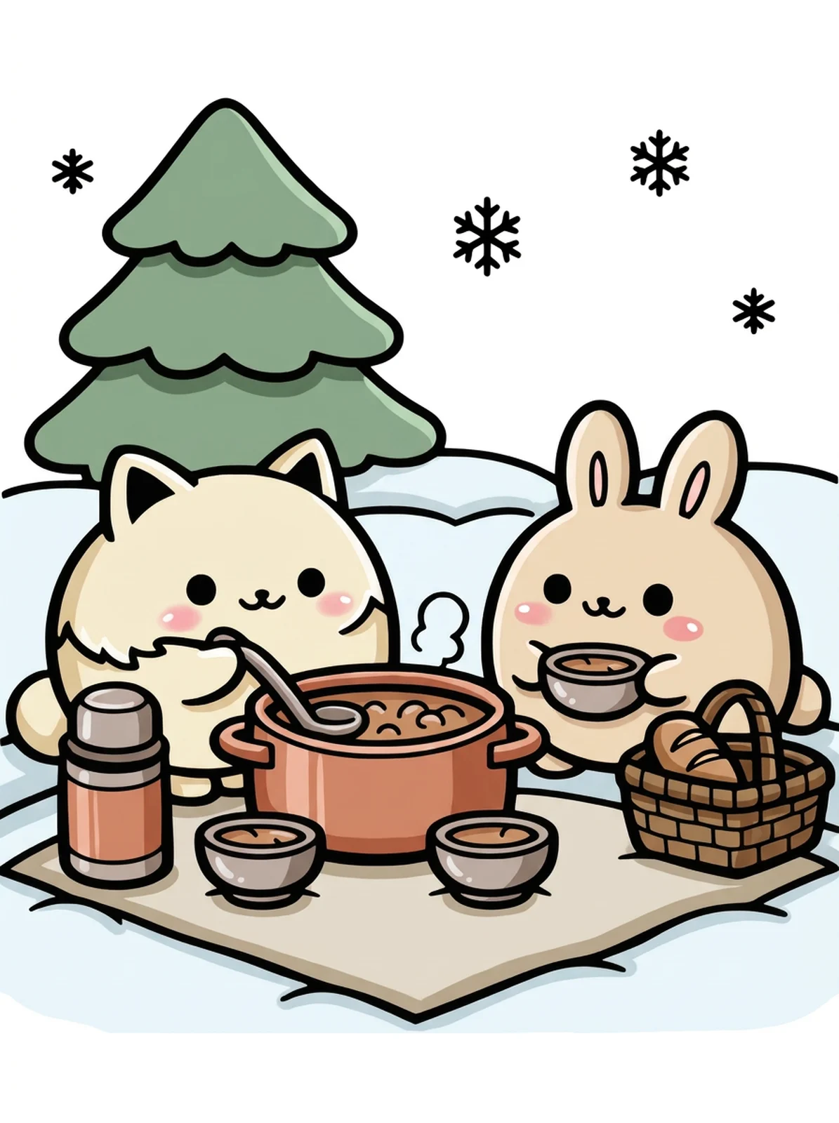 Winter Picnic with a Pot of Soup coloring page, colored in