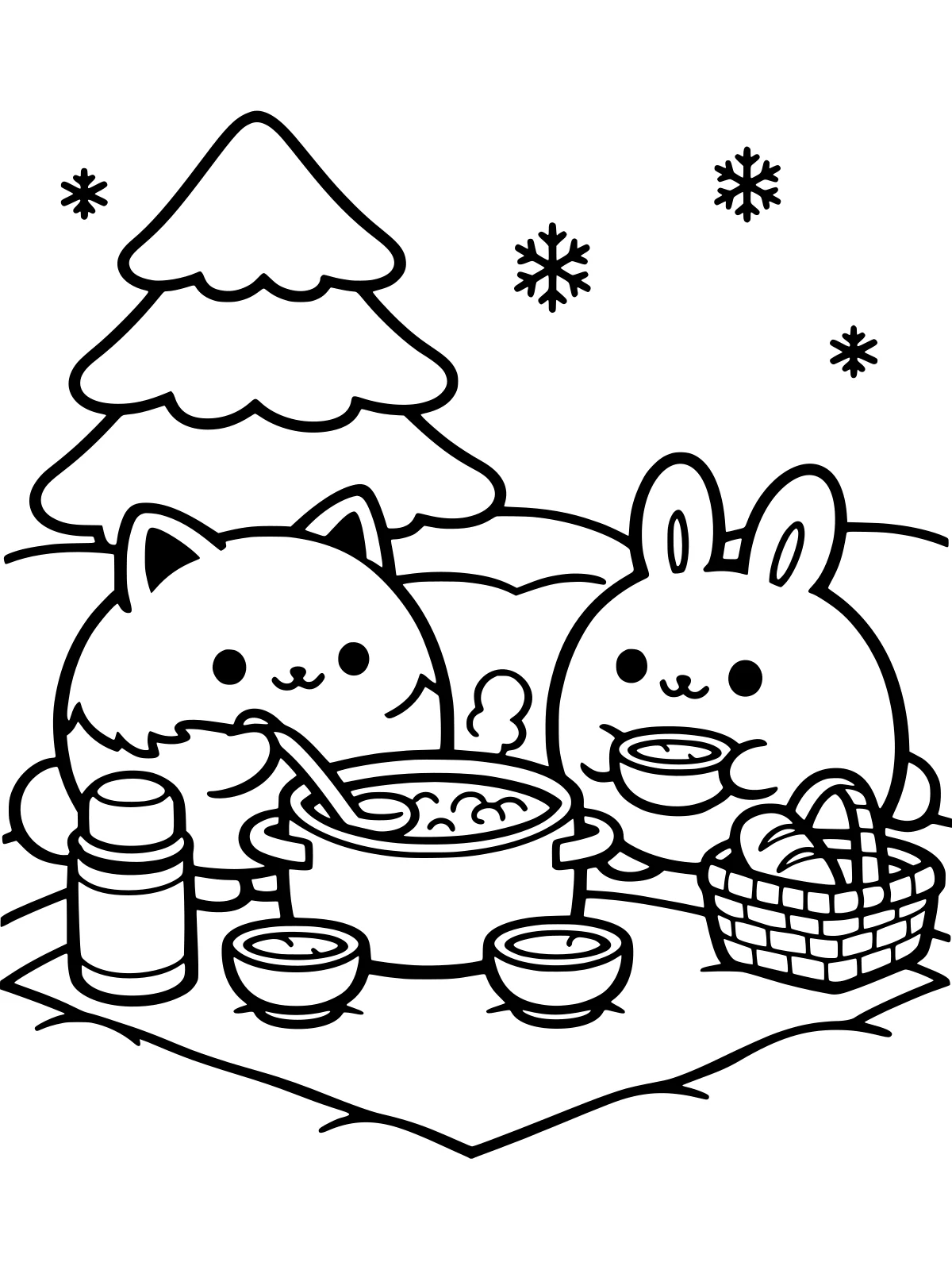 Winter Picnic with a Pot of Soup coloring page: a round fox and a bunny share a big pot of soup on a blanket in the snow, with bowls, a thermos, bread and a pine tree, bold and easy line art