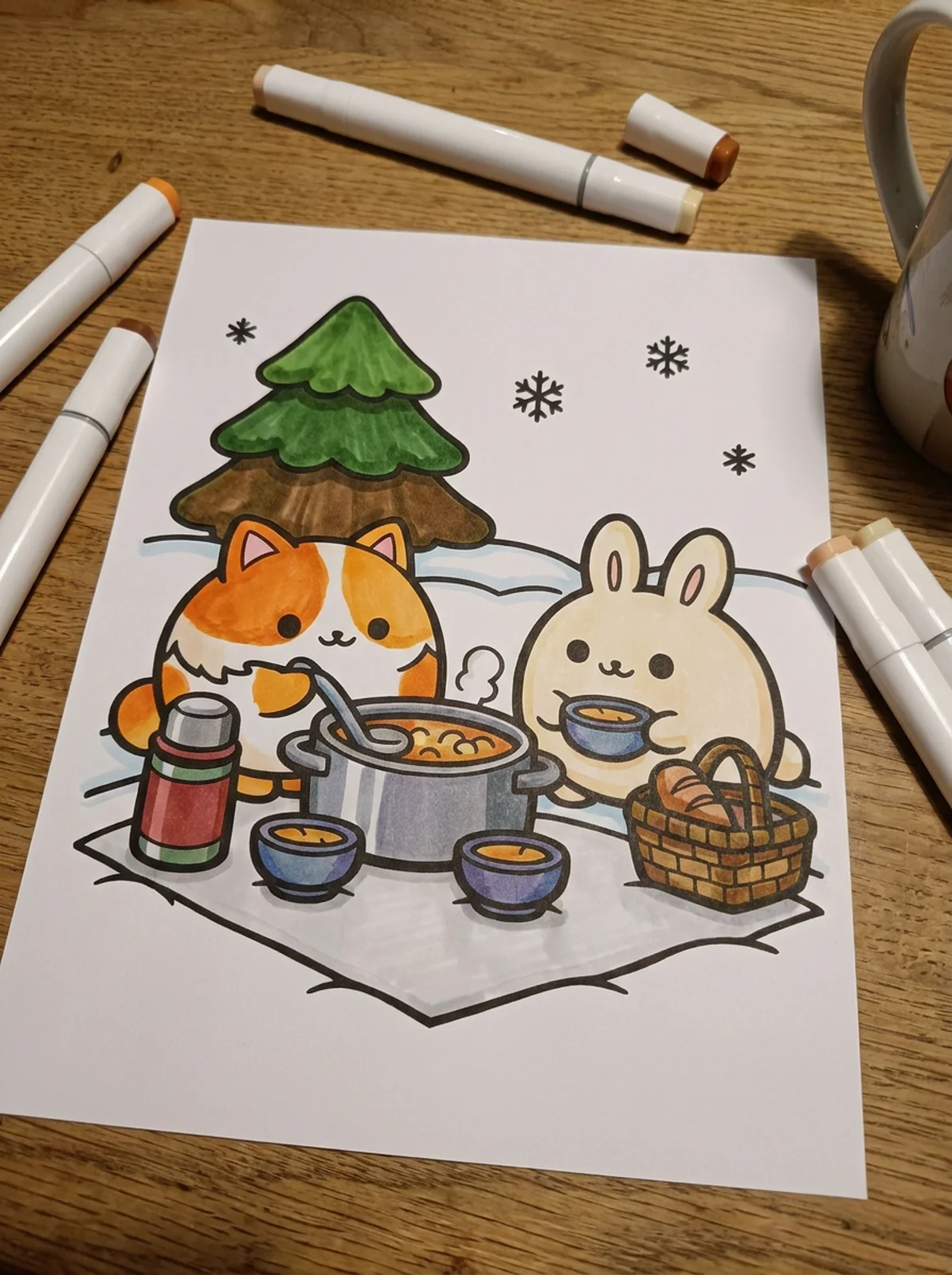 Winter Picnic with a Pot of Soup coloring page printed and half colored with markers