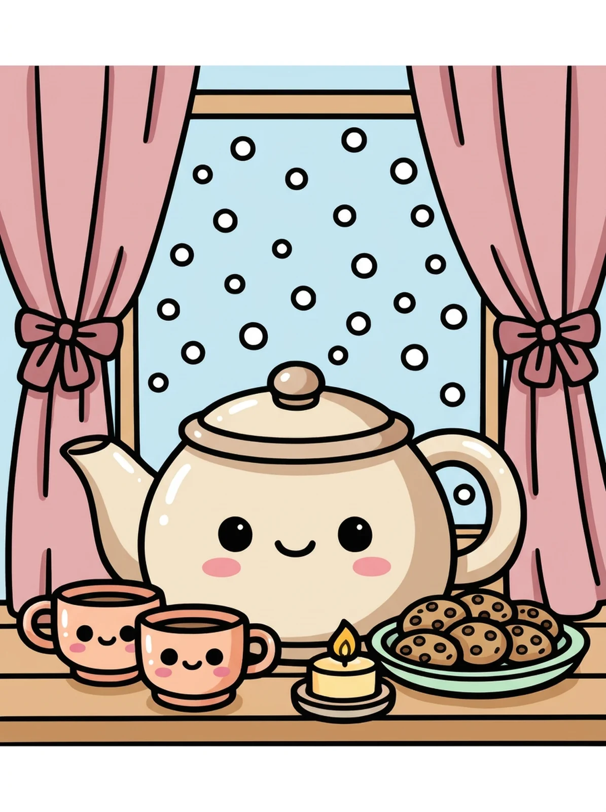 Winter Tea and Cookies by the Window coloring page, colored in