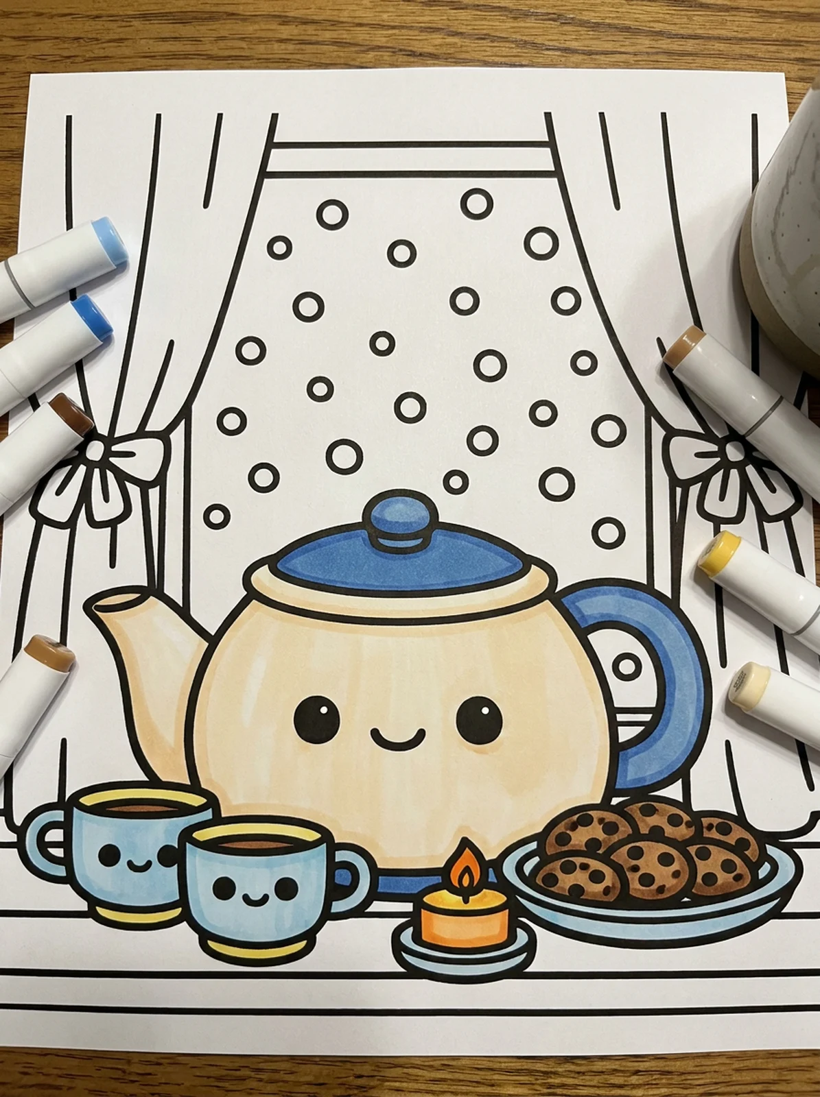 Winter Tea and Cookies by the Window coloring page printed and half colored with markers